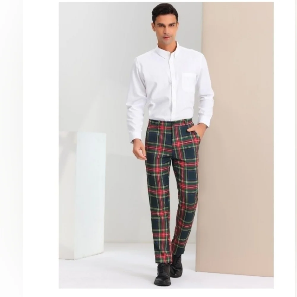 Lars Amadeus Men's Plaid Business Pants Regular Fit Formal Prom Checked Trousers